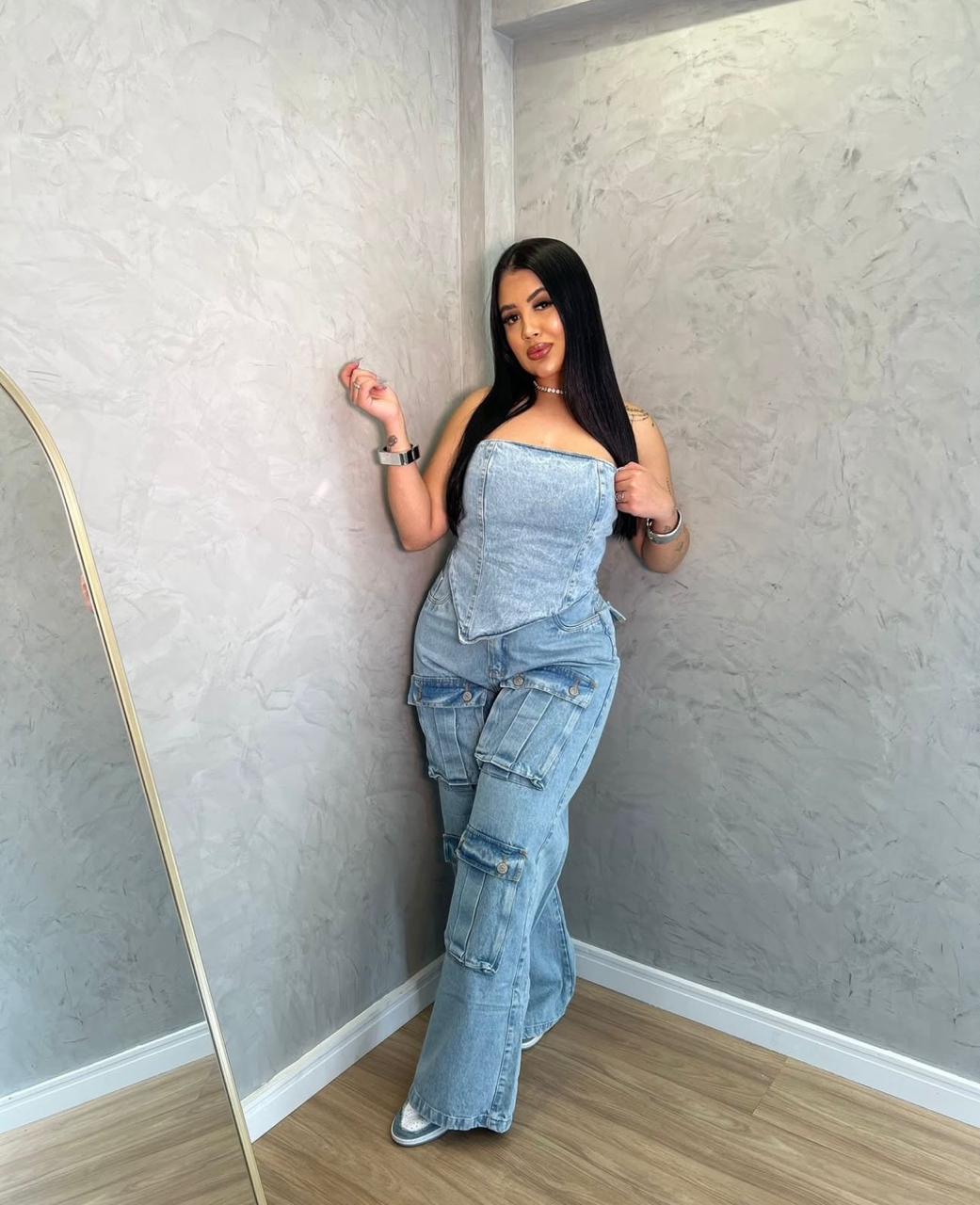 Conjunto Jeans Feminino – Corset + Calça Cargo Wide